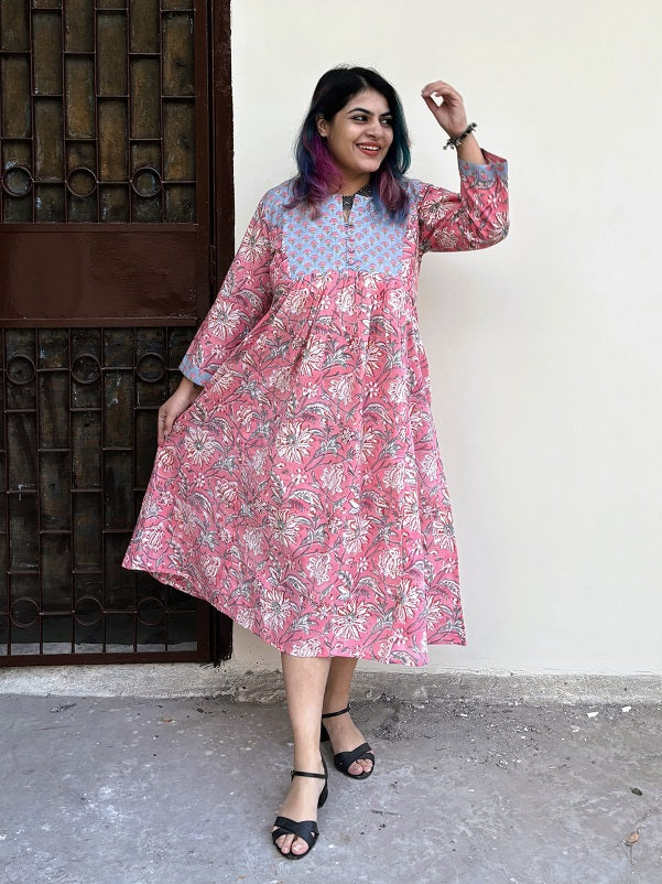 Pretty Pink Hand Block Printed Midi Dress with Gathers