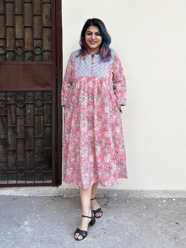 Pretty Pink Hand Block Printed Midi Dress with Gathers