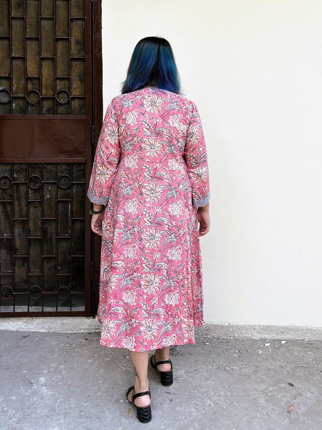 Pretty Pink Hand Block Printed Midi Dress with Gathers