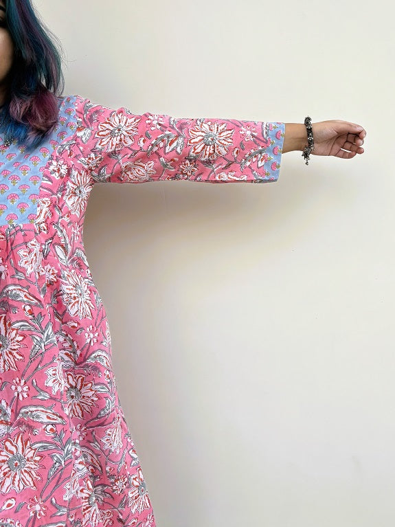 Pretty Pink Hand Block Printed Midi Dress with Gathers