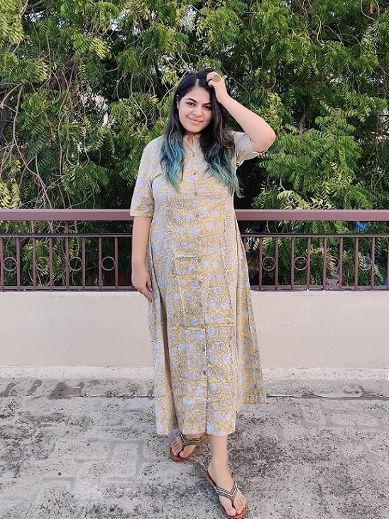 Yellow White Floral Hand Block Printed A Line Maxi Shirt Dress