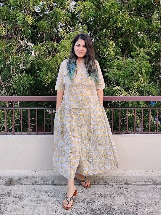 Yellow White Floral Hand Block Printed A Line Maxi Shirt Dress