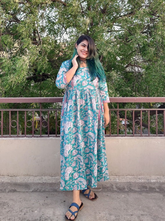 Coral Hand Block Printed Maxi Flared Dress with Side Ties
