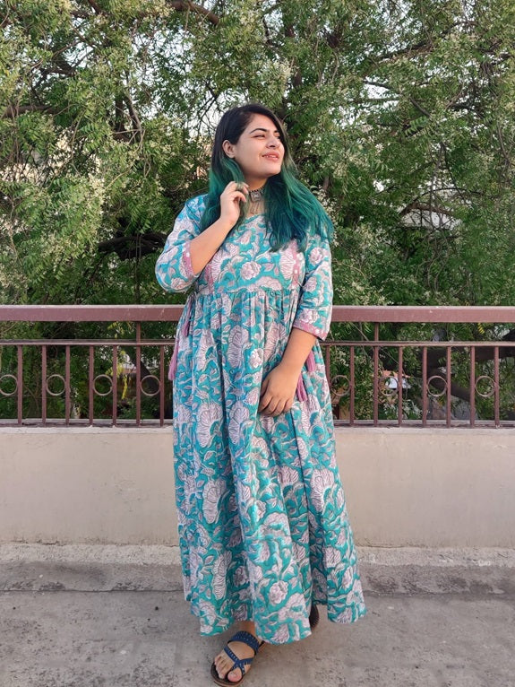 Coral Hand Block Printed Maxi Flared Dress with Side Ties