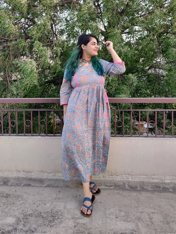 Abha Hand Block Printed Flared Dress with Side Ties and Tassels