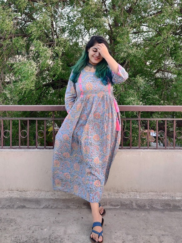 Abha Hand Block Printed Flared Dress with Side Ties and Tassels