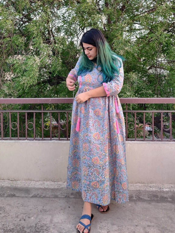 Abha Hand Block Printed Flared Dress with Side Ties and Tassels
