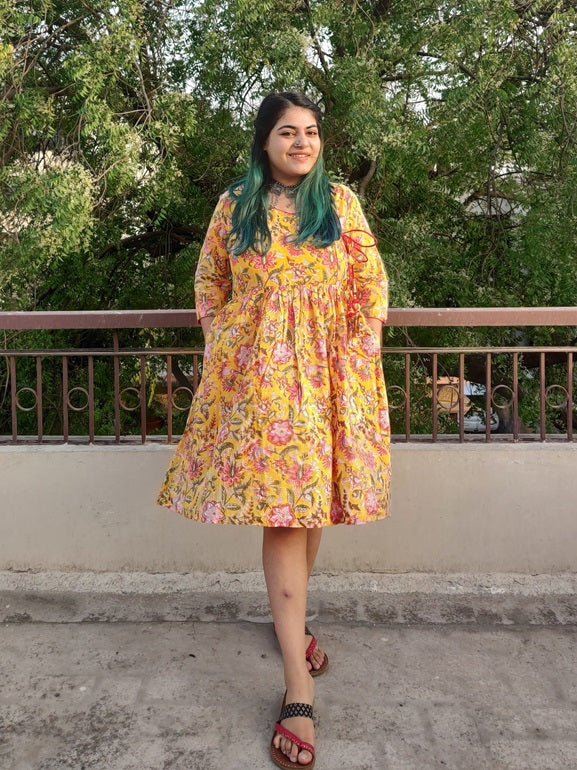 Sunshine Hand Block Printed Angrakha Flared Dress