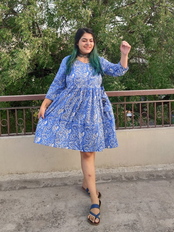 Amber Hand Block Printed Angrakha Flared Dress