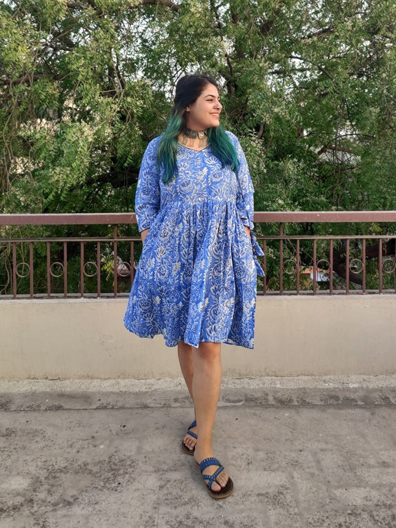 Amber Hand Block Printed Angrakha Flared Dress