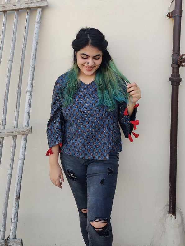 Idika Ajrakh Bell Sleeves Top with Tassels
