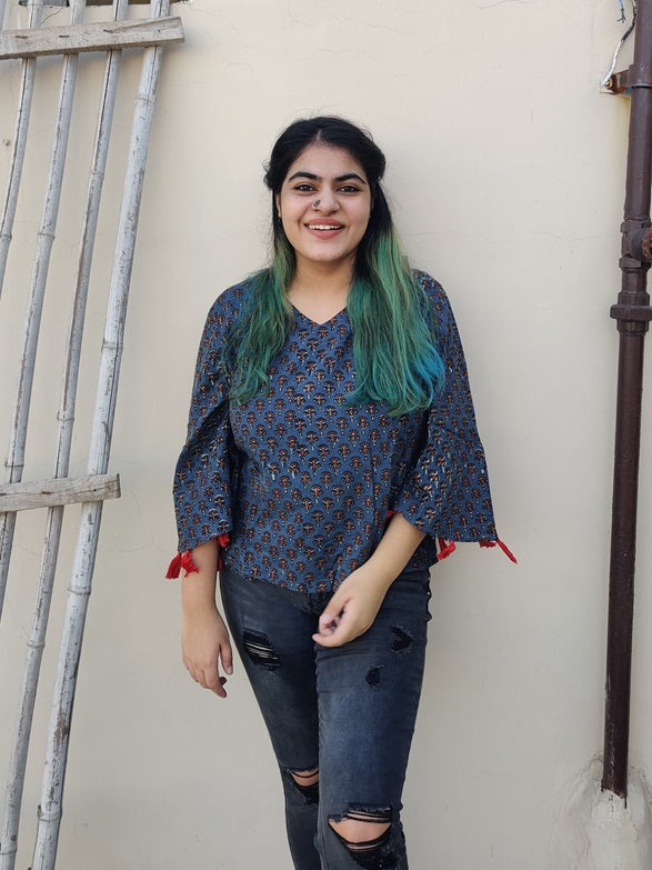 Idika Ajrakh Bell Sleeves Top with Tassels