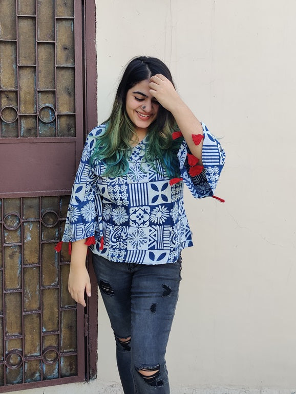 Indigo Tiles Hand Block Printed Top with Bell Sleeves and Tassels