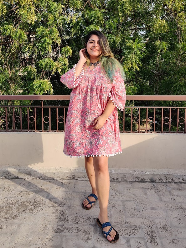 Pretty Pink Hand Block Printed Comfort Fit Flared Dress with Pompoms