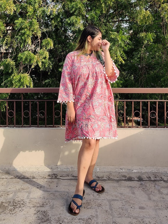 Pretty Pink Hand Block Printed Comfort Fit Flared Dress with Pompoms