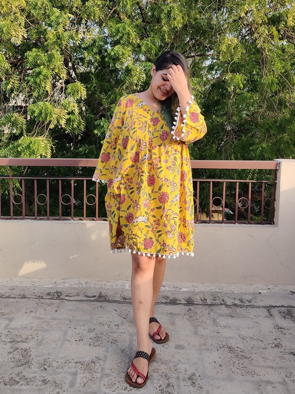 Yellow Marigold Handblock Printed Comfort Fit Flared Dress with Pompoms