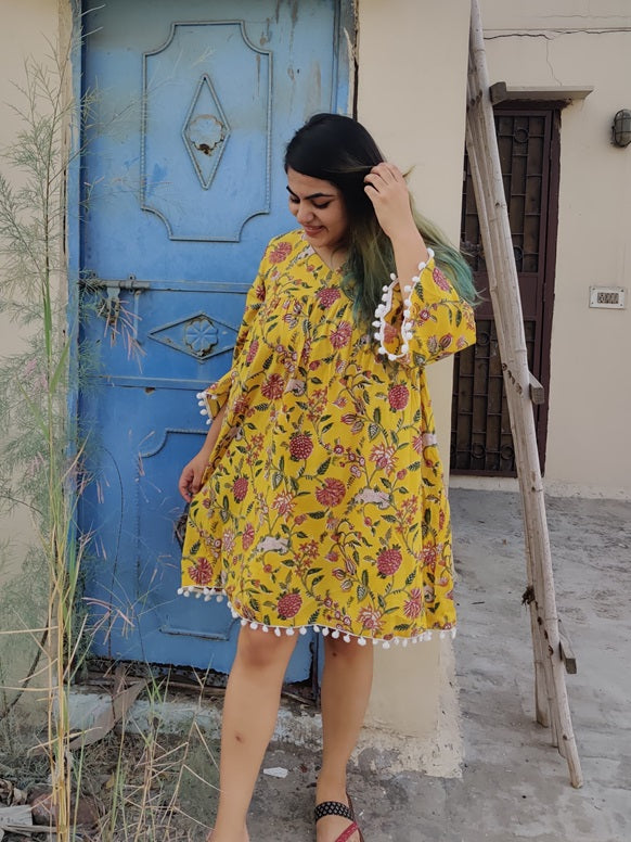 Yellow Marigold Handblock Printed Comfort Fit Flared Dress with Pompoms