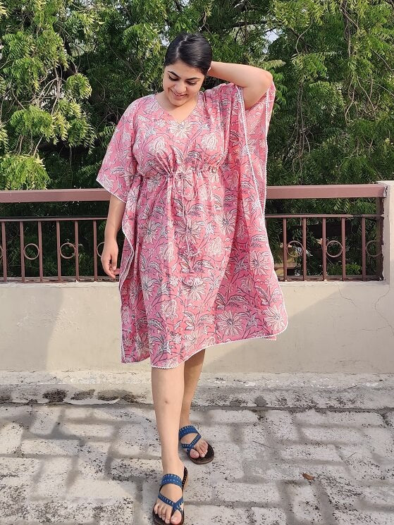 Pretty Pink Knee Length Kaftan with Lace Detailing