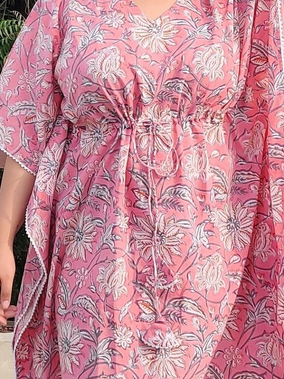 Pretty Pink Knee Length Kaftan with Lace Detailing