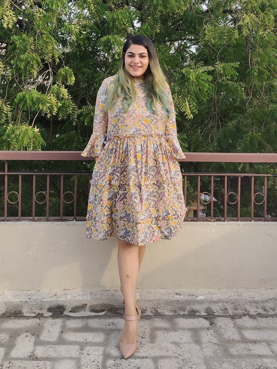 Lemon Zest Hand Block Printed Tiered Dress with Lace Detailing