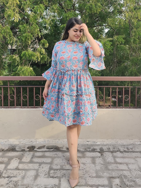 Frozen Hand Block Printed Tiered Dress with Lace Detailing