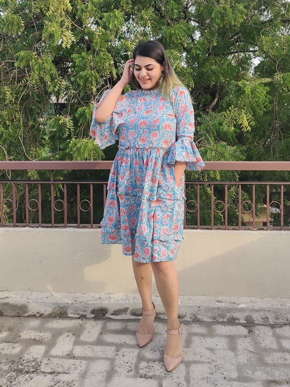 Frozen Hand Block Printed Tiered Dress with Lace Detailing