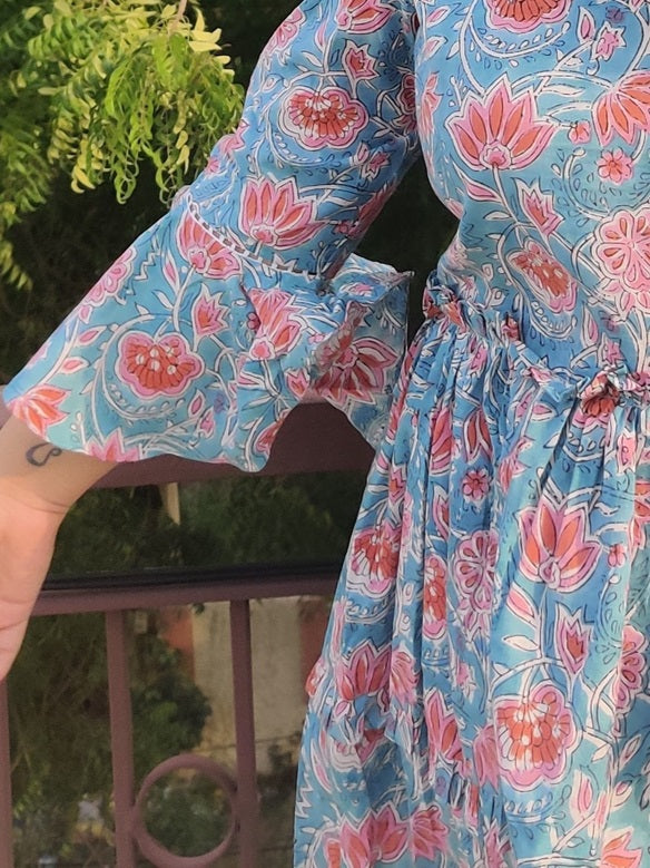 Frozen Hand Block Printed Tiered Dress with Lace Detailing