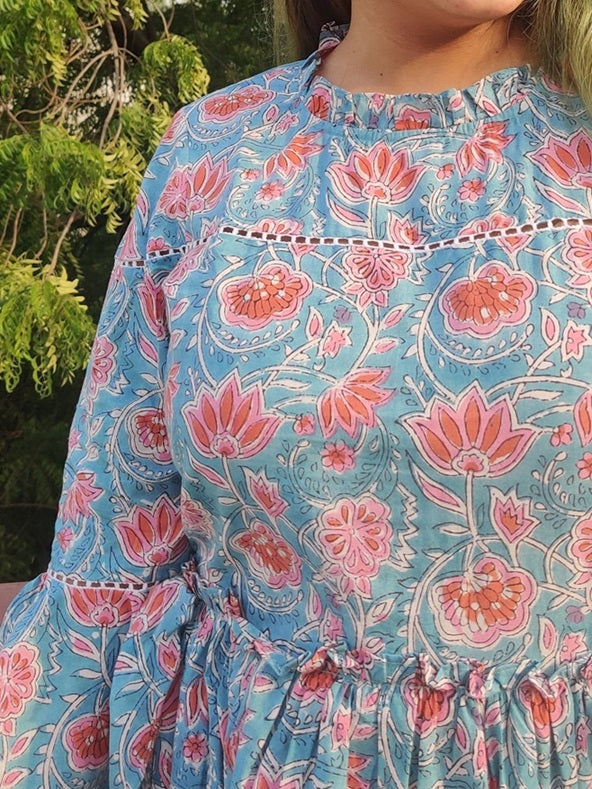 Frozen Hand Block Printed Tiered Dress with Lace Detailing