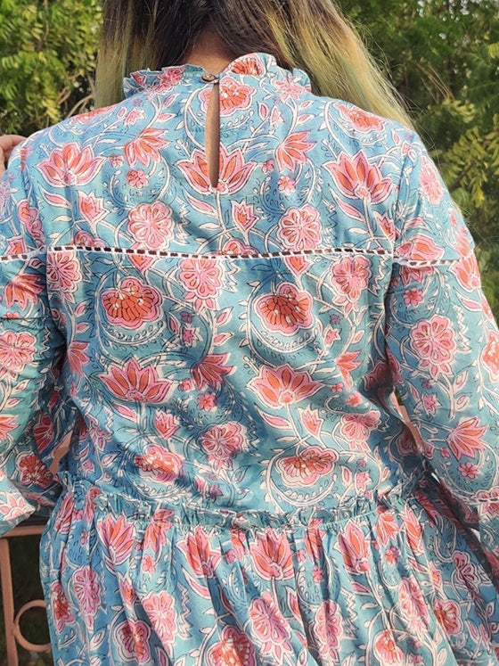 Frozen Hand Block Printed Tiered Dress with Lace Detailing