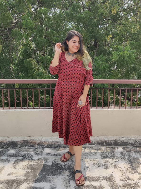 Laal Machi Cotton Ajrakh Angrakha Dress