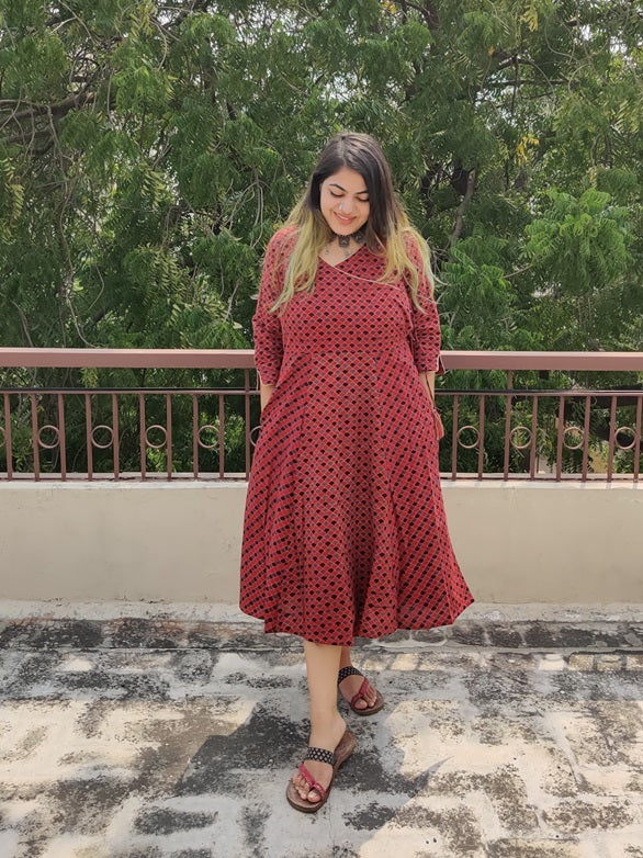 Laal Machi Cotton Ajrakh Angrakha Dress Kasaa Hues Laal Machi Cotton Ajrakh Angrakha Dress Kasaa Hues
