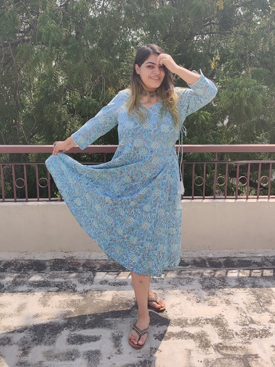 Aaravi Cotton Hand Block Printed Angrakha Dress