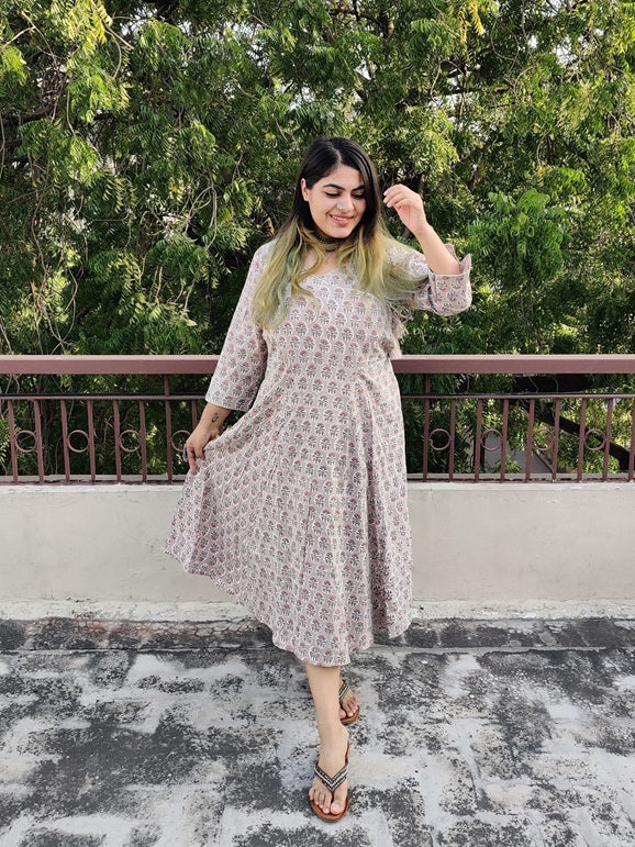 Akshara Cotton Hand Block Printed Angrakha Dress
