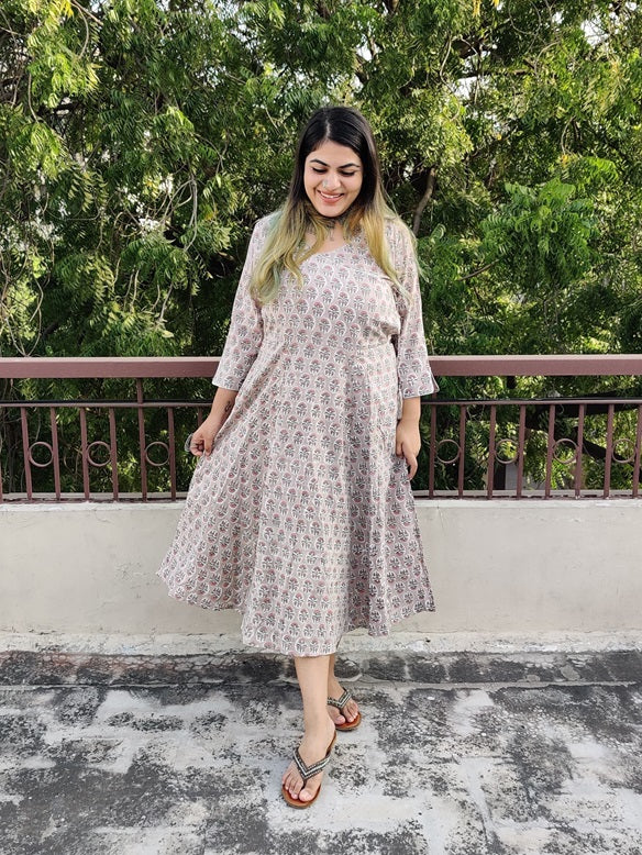 Akshara Cotton Hand Block Printed Angrakha Dress