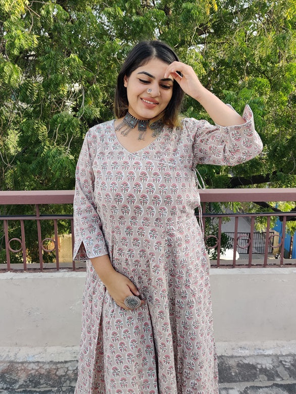 Akshara Cotton Hand Block Printed Angrakha Dress