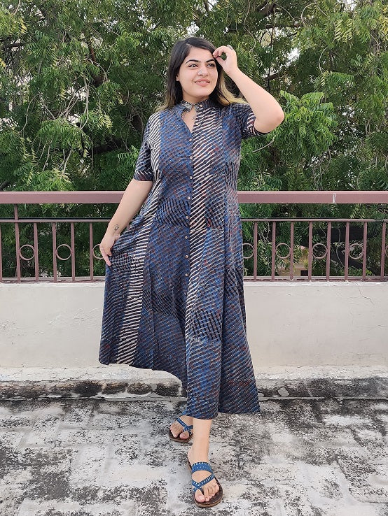 Indigo White Stripes Ajrakh A Line Maxi Shirt Dress