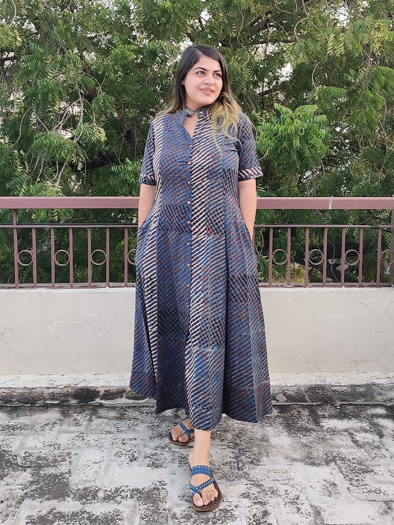 Indigo White Stripes Ajrakh A Line Maxi Shirt Dress