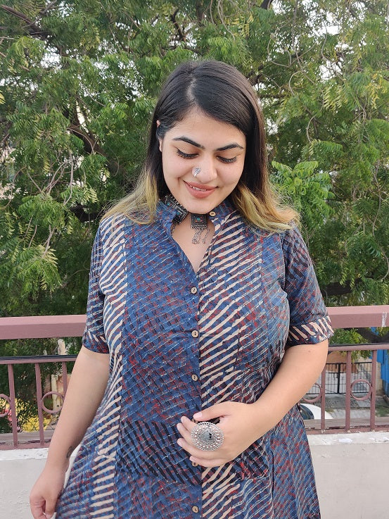 Indigo White Stripes Ajrakh A Line Maxi Shirt Dress