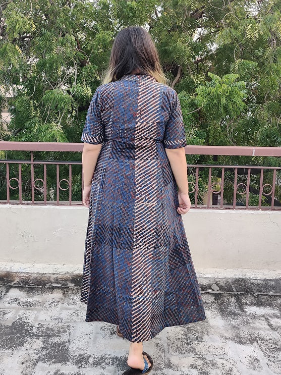 Indigo White Stripes Ajrakh A Line Maxi Shirt Dress