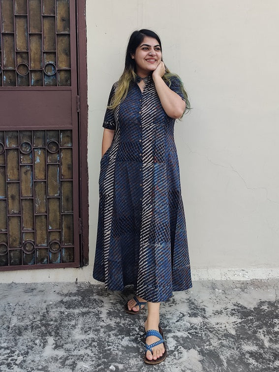 Indigo White Stripes Ajrakh A Line Maxi Shirt Dress