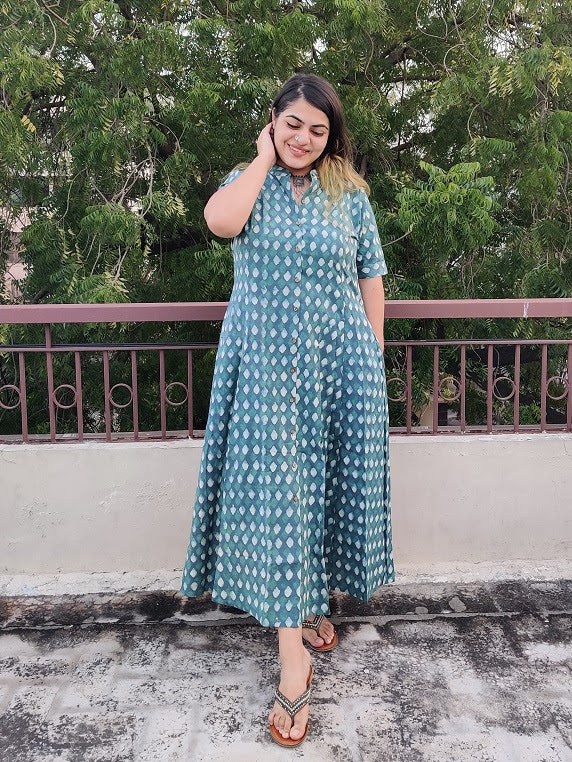 Moana Hand Block printed A Line Maxi Shirt Dress