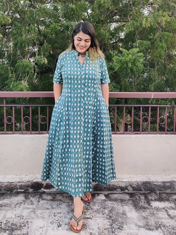 Moana Hand Block printed A Line Maxi Shirt Dress