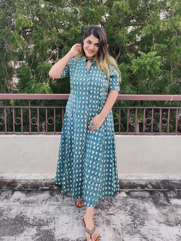 Moana Hand Block printed A Line Maxi Shirt Dress