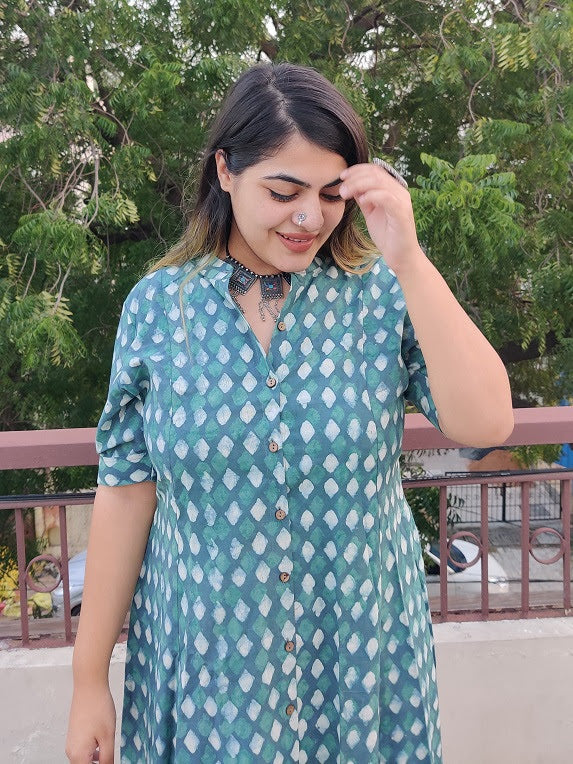 Moana Hand Block printed A Line Maxi Shirt Dress