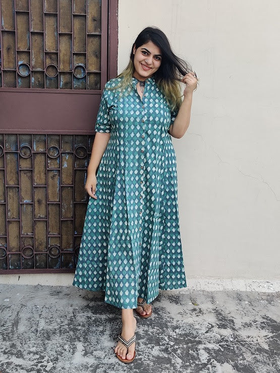 Moana Hand Block printed A Line Maxi Shirt Dress