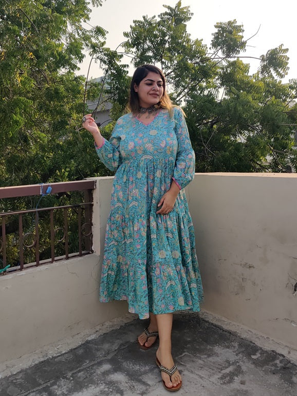 Cherry Blossom Hand Block printed Tier Dress with Pintuck Sleeve Detailing