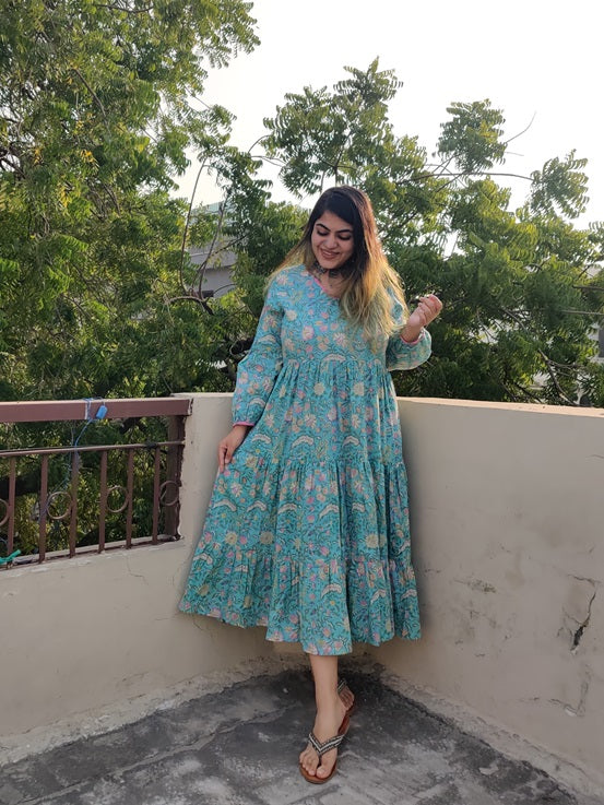 Cherry Blossom Hand Block printed Tier Dress with Pintuck Sleeve Detailing