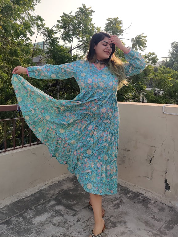 Cherry Blossom Hand Block printed Tier Dress with Pintuck Sleeve Detailing