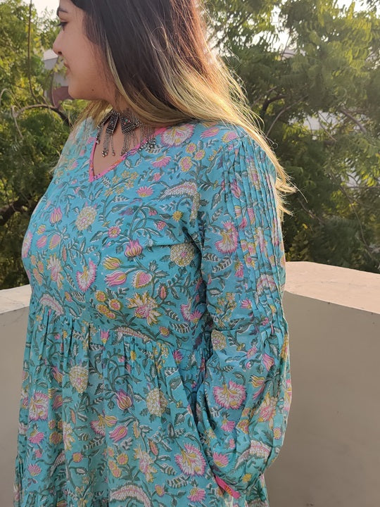 Cherry Blossom Hand Block printed Tier Dress with Pintuck Sleeve Detailing