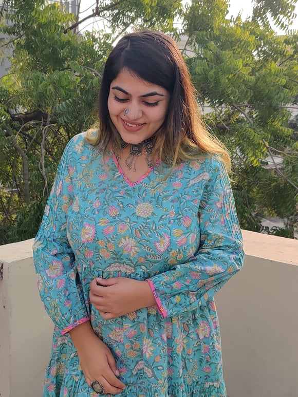 Cherry Blossom Hand Block printed Tier Dress with Pintuck Sleeve Detailing